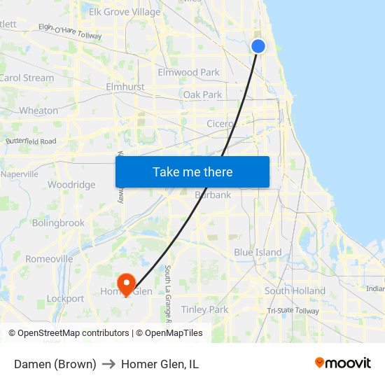 Damen (Brown) to Homer Glen, IL map