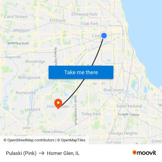 Pulaski (Pink) to Homer Glen, IL map