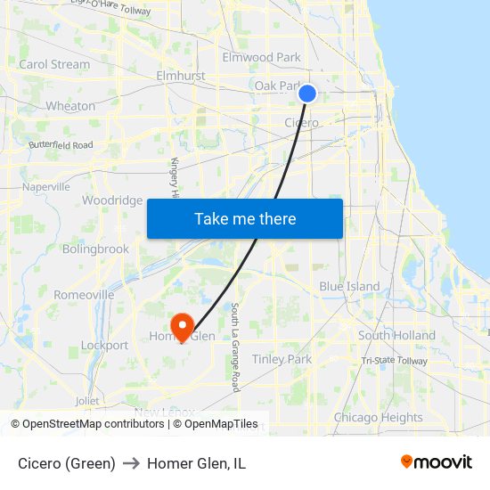 Cicero (Green) to Homer Glen, IL map