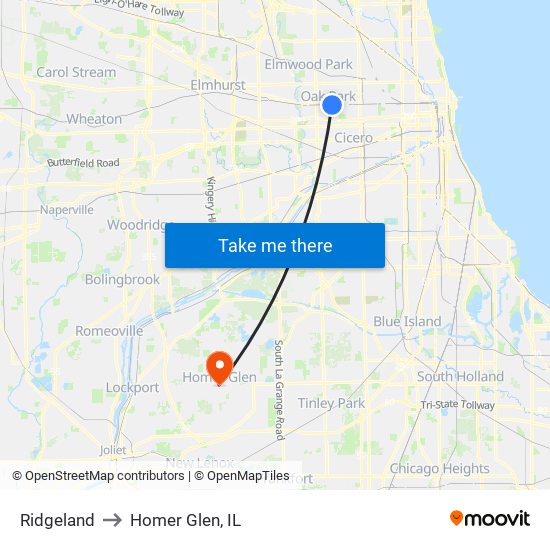 Ridgeland to Homer Glen, IL map