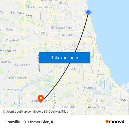 Granville to Homer Glen, IL map