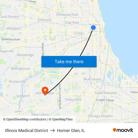 Illinois Medical District to Homer Glen, IL map