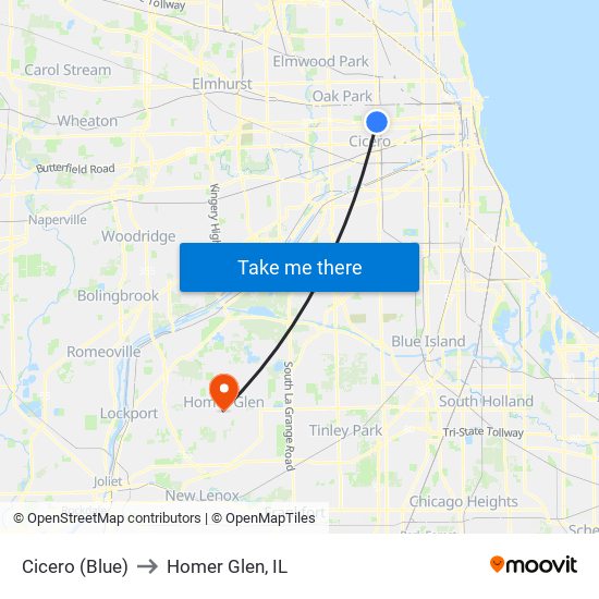 Cicero (Blue) to Homer Glen, IL map