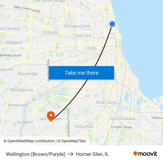 Wellington (Brown/Purple) to Homer Glen, IL map