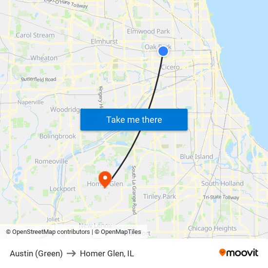 Austin (Green) to Homer Glen, IL map