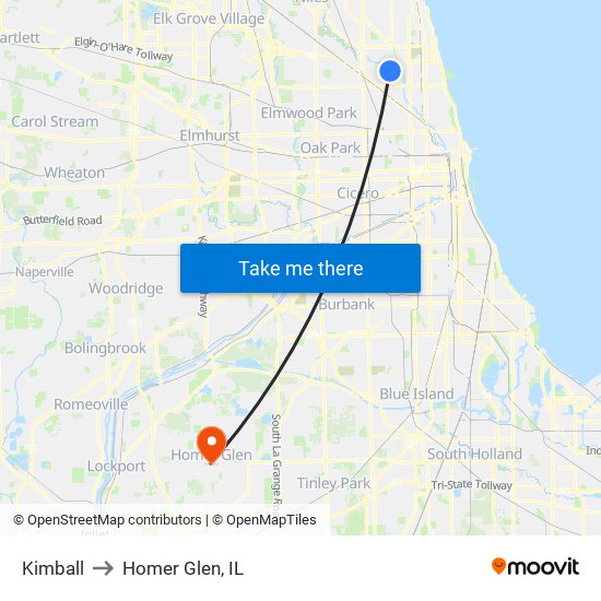 Kimball to Homer Glen, IL map