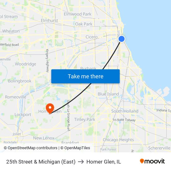 25th Street & Michigan (East) to Homer Glen, IL map
