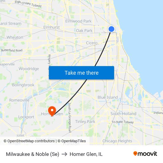 Milwaukee & Noble (Se) to Homer Glen, IL map