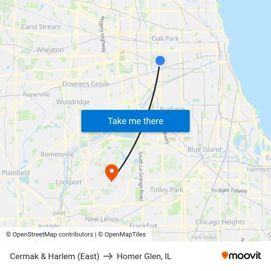 Cermak & Harlem (East) to Homer Glen, IL map