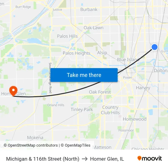 Michigan & 116th Street (North) to Homer Glen, IL map