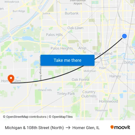Michigan & 108th Street (North) to Homer Glen, IL map