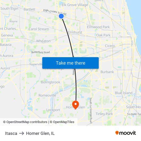 Itasca to Homer Glen, IL map