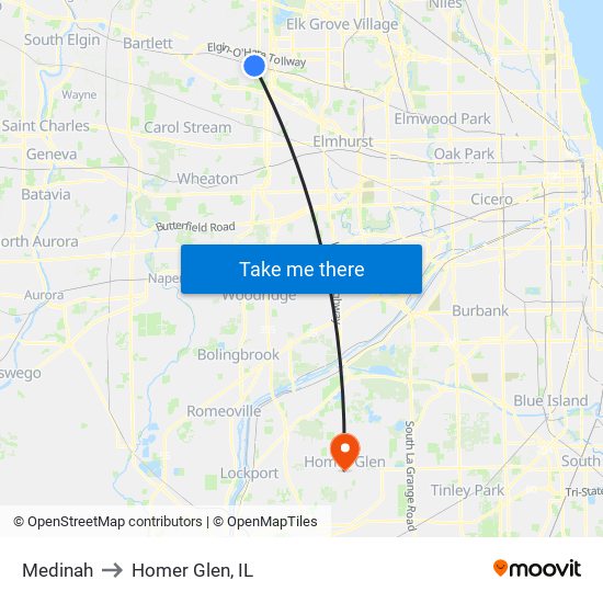 Medinah to Homer Glen, IL map