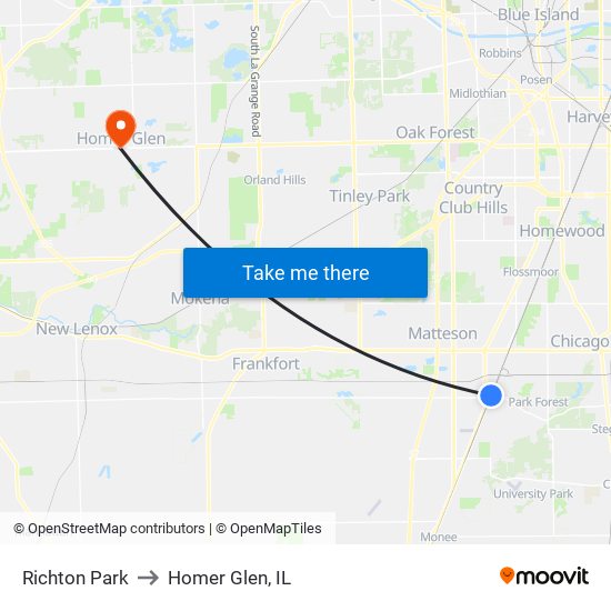 Richton Park to Homer Glen, IL map