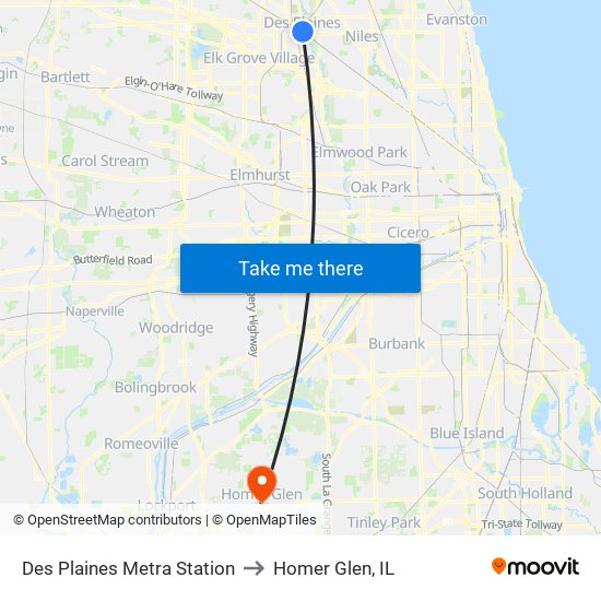 Des Plaines Metra Station to Homer Glen, IL map