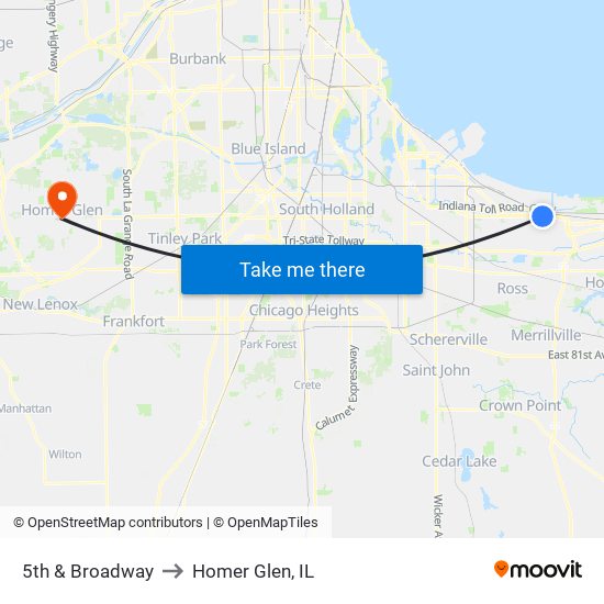 5th & Broadway to Homer Glen, IL map