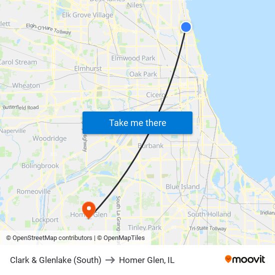 Clark & Glenlake (South) to Homer Glen, IL map