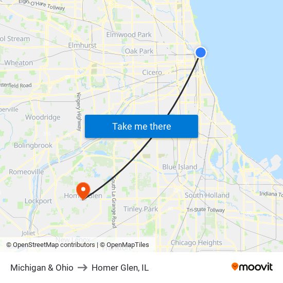 Michigan & Ohio to Homer Glen, IL map