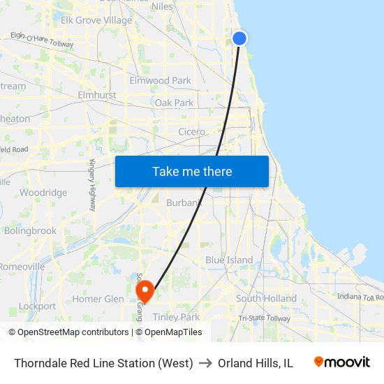 Thorndale Red Line Station (West) to Orland Hills, IL map
