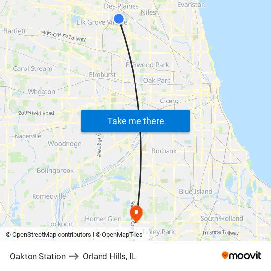 Oakton Station to Orland Hills, IL map