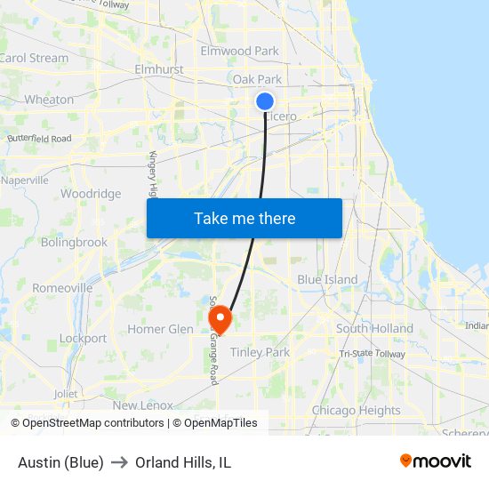 Austin (Blue) to Orland Hills, IL map
