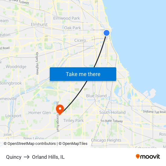 Quincy to Orland Hills, IL map