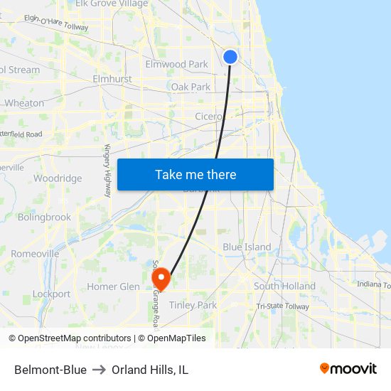 Belmont-Blue to Orland Hills, IL map