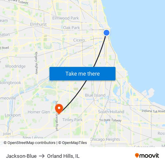 Jackson-Blue to Orland Hills, IL map