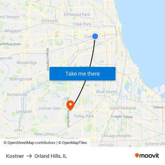 Kostner to Orland Hills, IL map