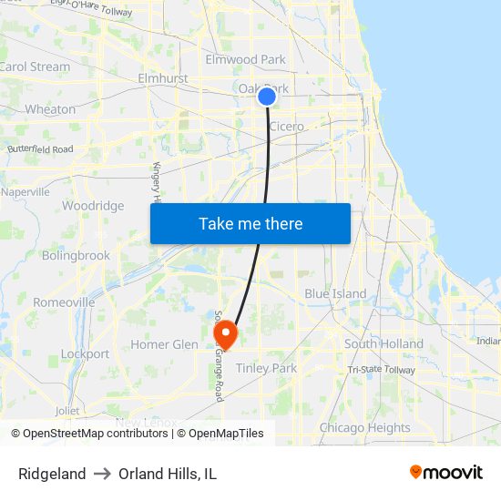 Ridgeland to Orland Hills, IL map