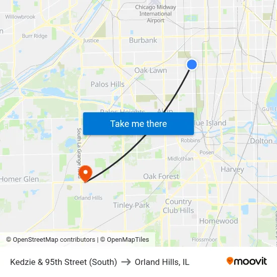Kedzie & 95th Street (South) to Orland Hills, IL map