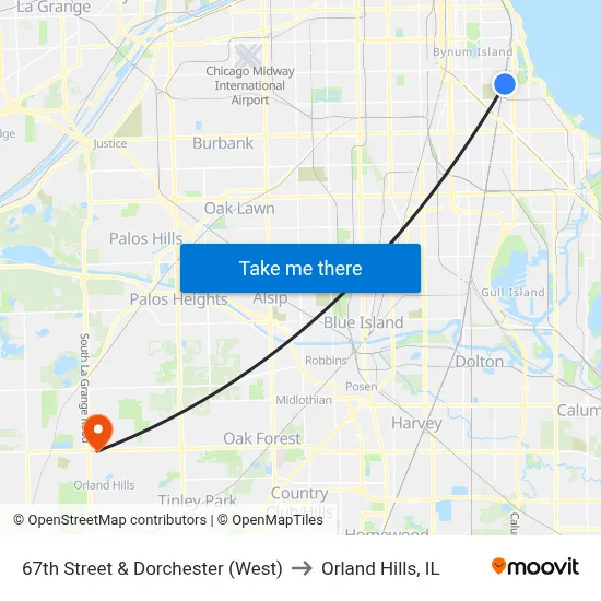 67th Street & Dorchester (West) to Orland Hills, IL map