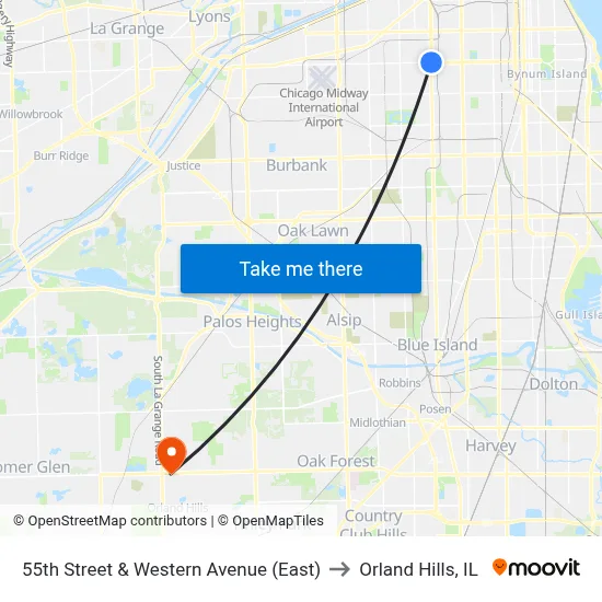 55th Street & Western Avenue (East) to Orland Hills, IL map