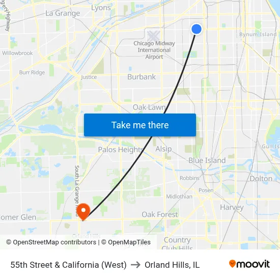 55th Street & California (West) to Orland Hills, IL map