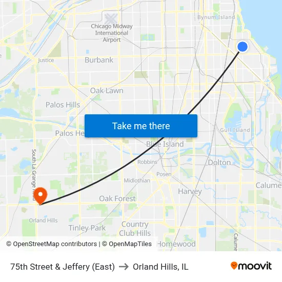 75th Street & Jeffery (East) to Orland Hills, IL map