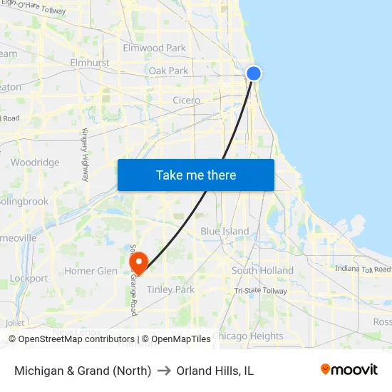 Michigan & Grand (North) to Orland Hills, IL map