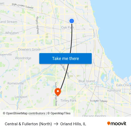 Central & Fullerton (North) to Orland Hills, IL map