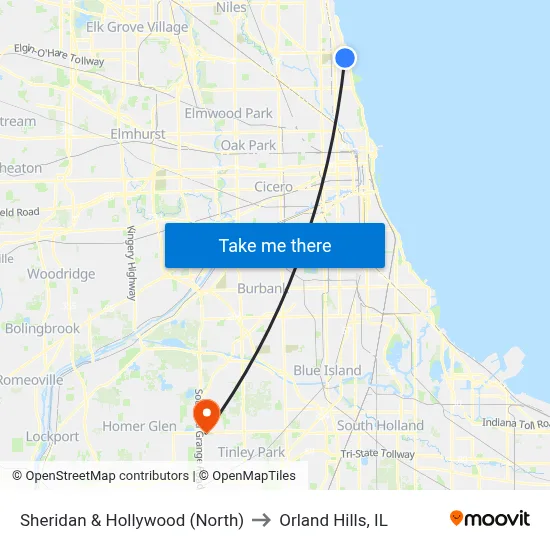 Sheridan & Hollywood (North) to Orland Hills, IL map