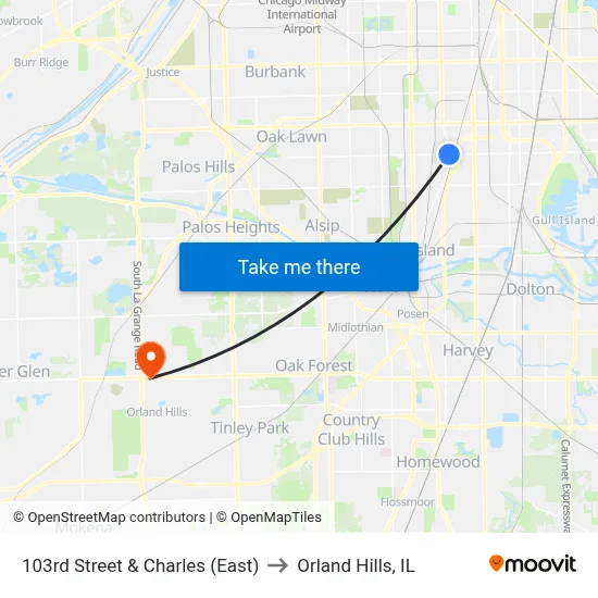 103rd Street & Charles (East) to Orland Hills, IL map