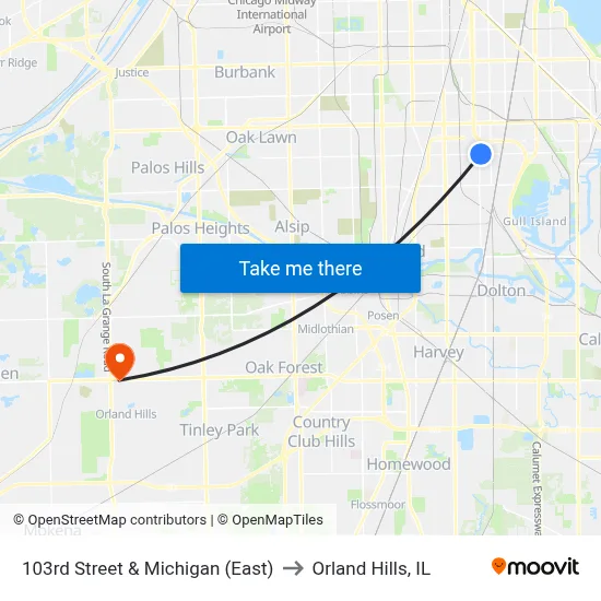 103rd Street & Michigan (East) to Orland Hills, IL map