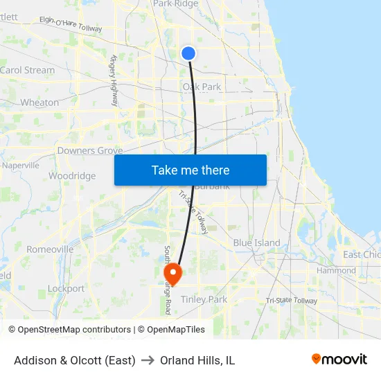 Addison & Olcott (East) to Orland Hills, IL map