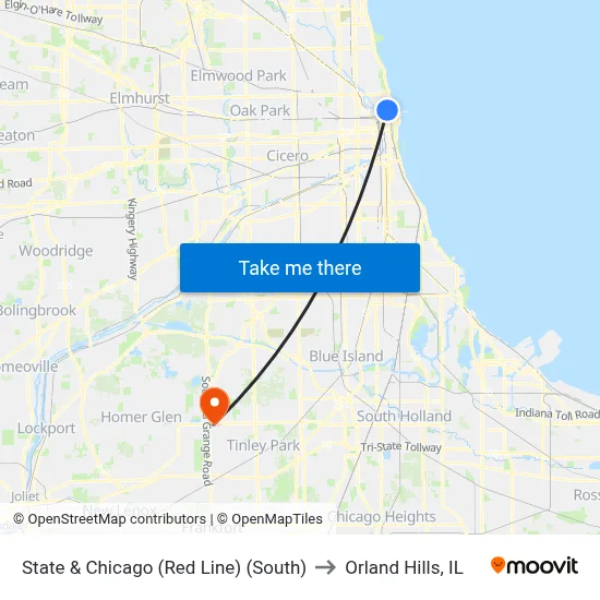 State & Chicago (Red Line) (South) to Orland Hills, IL map
