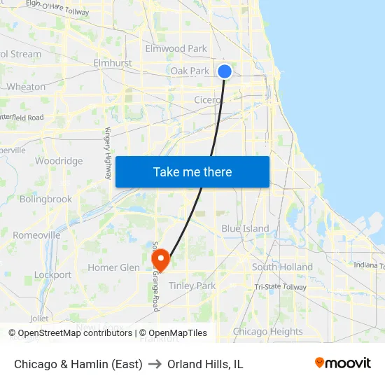 Chicago & Hamlin (East) to Orland Hills, IL map
