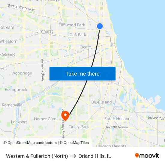 Western & Fullerton (North) to Orland Hills, IL map