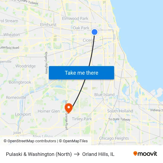 Pulaski & Washington (North) to Orland Hills, IL map