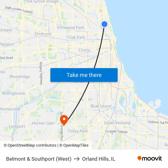 Belmont & Southport (West) to Orland Hills, IL map