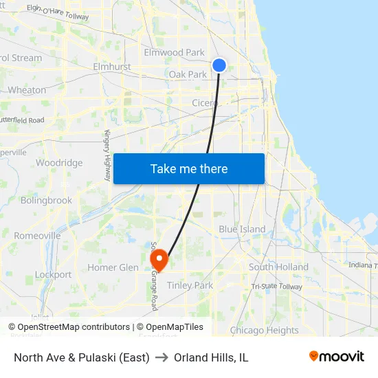 North Ave & Pulaski (East) to Orland Hills, IL map