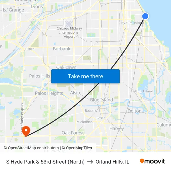 S Hyde Park & 53rd Street (North) to Orland Hills, IL map