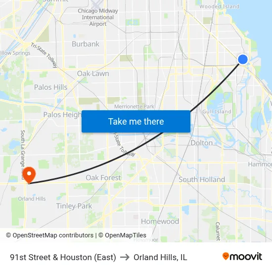 91st Street & Houston (East) to Orland Hills, IL map