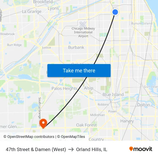 47th Street & Damen (West) to Orland Hills, IL map